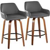 Daniella 26" Swivel Counter Stool in Walnut Wood & Grey Leatherette with Black Footrest (Set of 2)